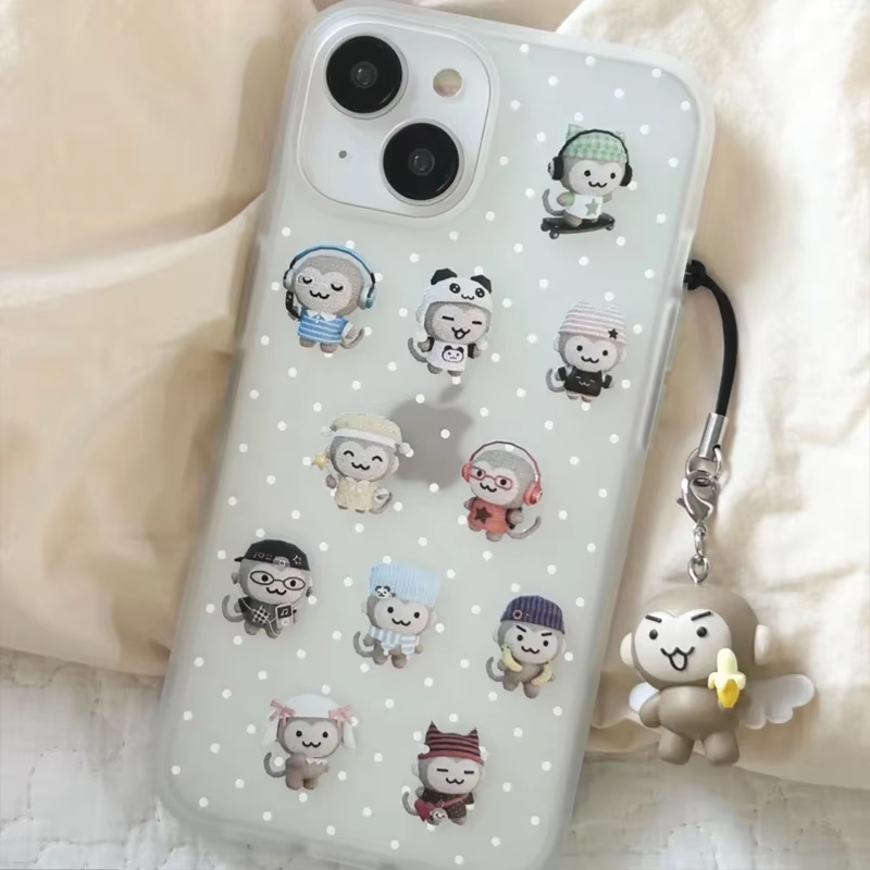 Phone Cases Cute Iphone 14 - Simple Kawaii Monkey White Polka Dots